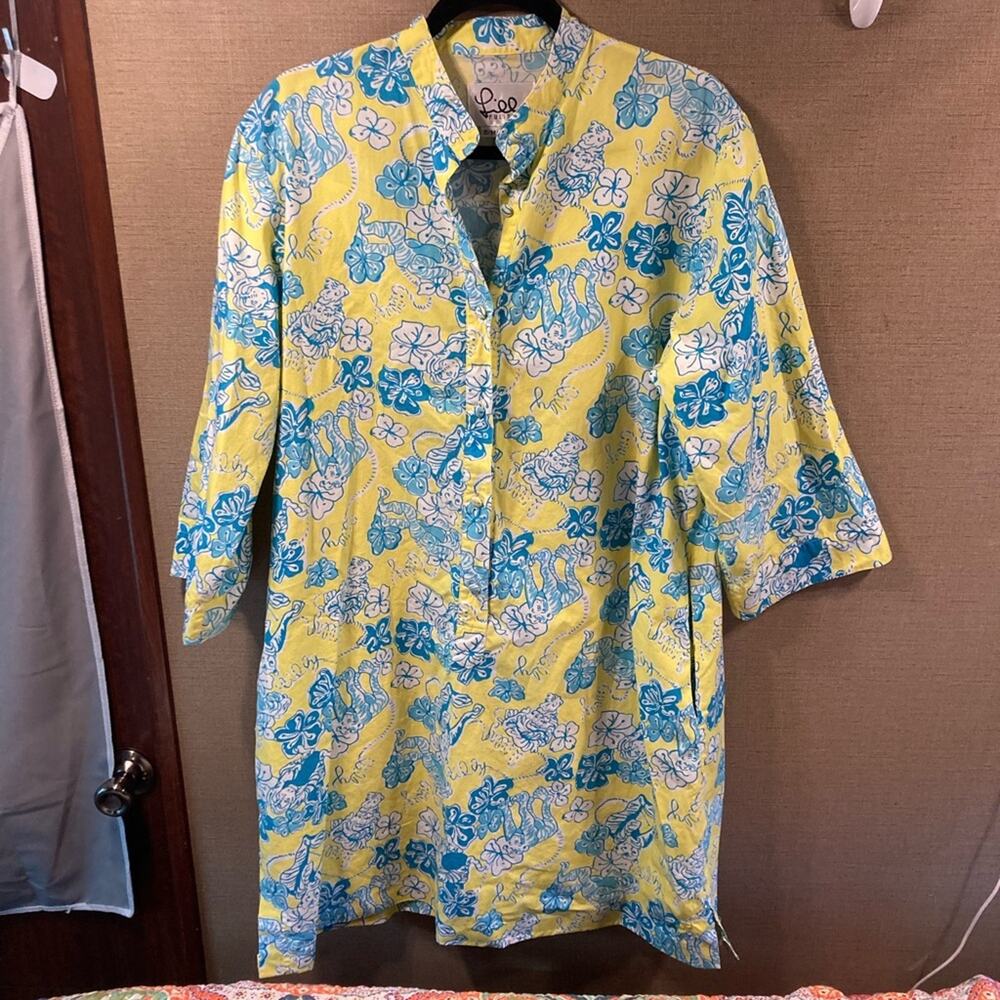 Vintage Lilly Pulitzer Dress Yellow and Blue Monkey Print Pockets Women's S/M